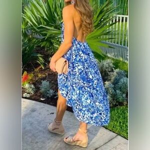 Olivaceous NEW Blue White Toile High Neck High-Low Maxi Dress Vacation Size S